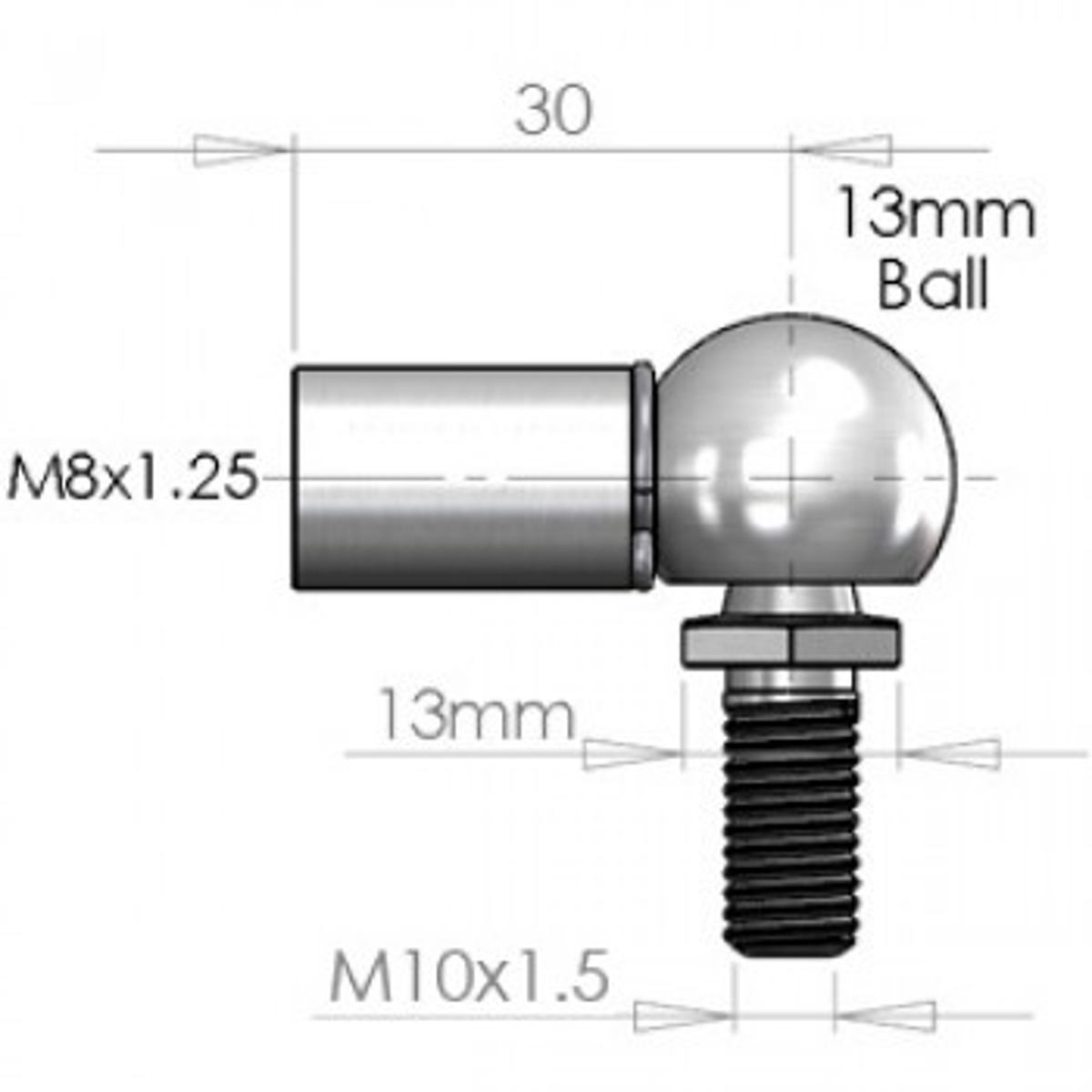 NitroLift 30mm Long 13mm Ball Stud M10 Male To Fit M8 Thread